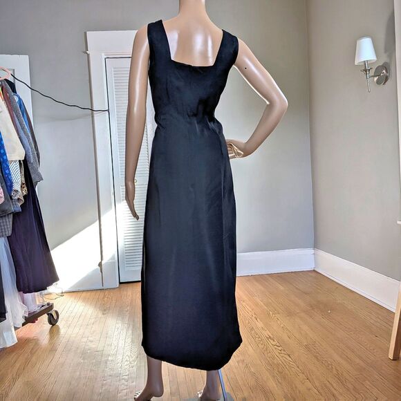 Vintage 90s Plus Size 16 Little Black Dress Midi Wiggle Slit Gold Embroidery - Picture 3 of 9